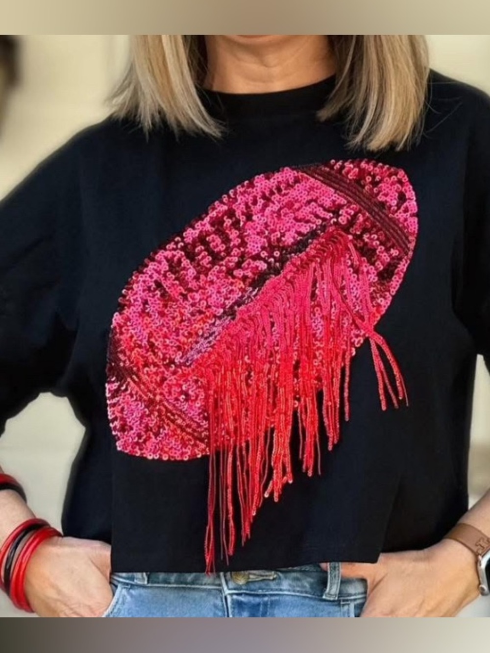 Black Crop Tee with  red Sequin & Fringe football